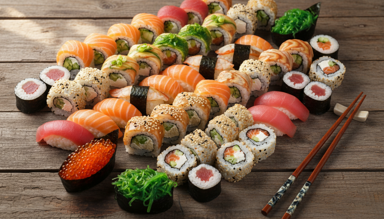 Assortment of homemade sushi and rolls on a wooden table.