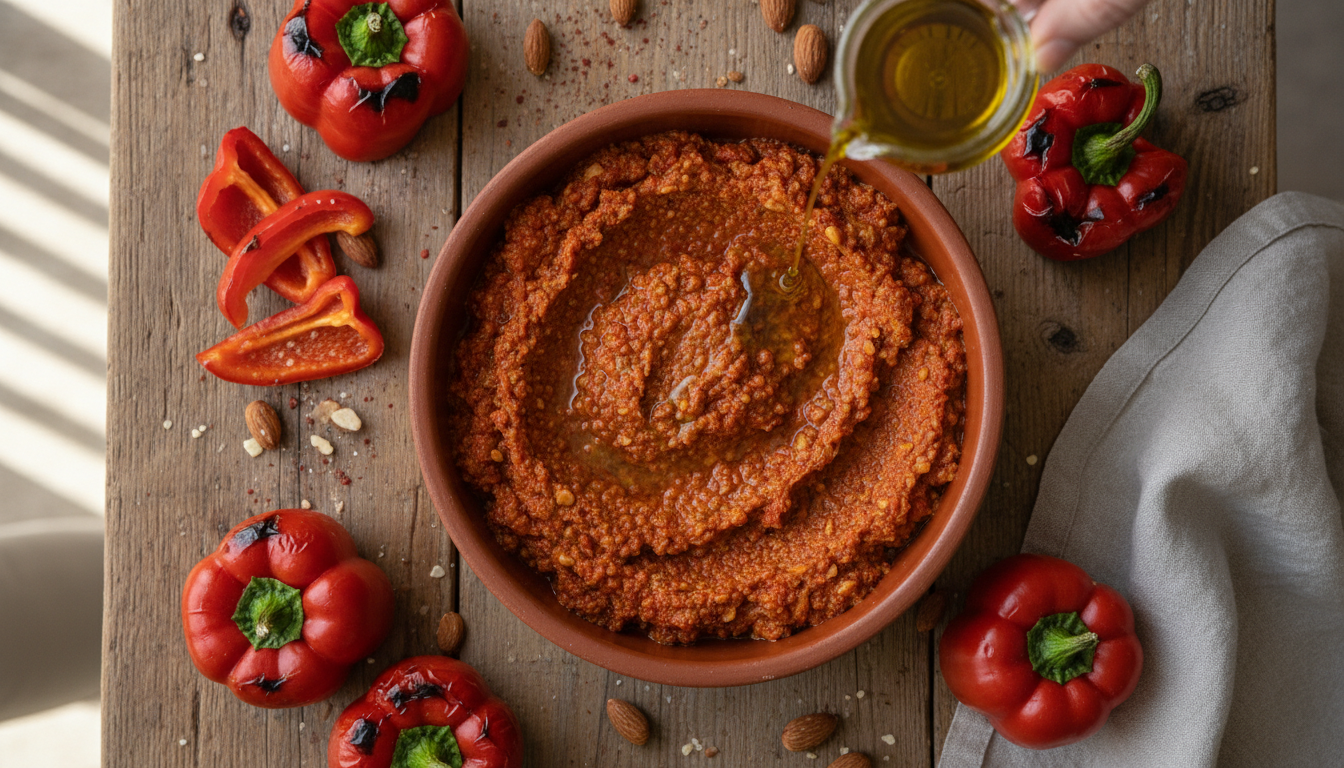 Чаша с соусом Ромеско, запеченные перцы и орехи на деревянном столе