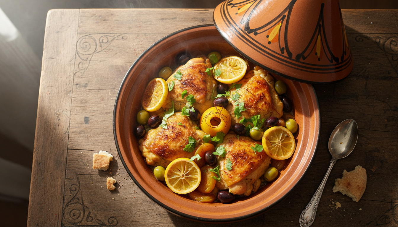 Аутентичный марокканский тажин с курицей и лимонами, поданный в глиняной посуде на деревянном столе.