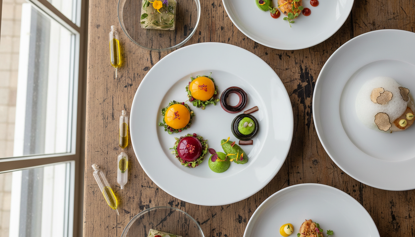 Assortment of molecular gastronomy dishes: fruit spheres, balsamic gels, and foams on a rustic table, captured with overhead photography.