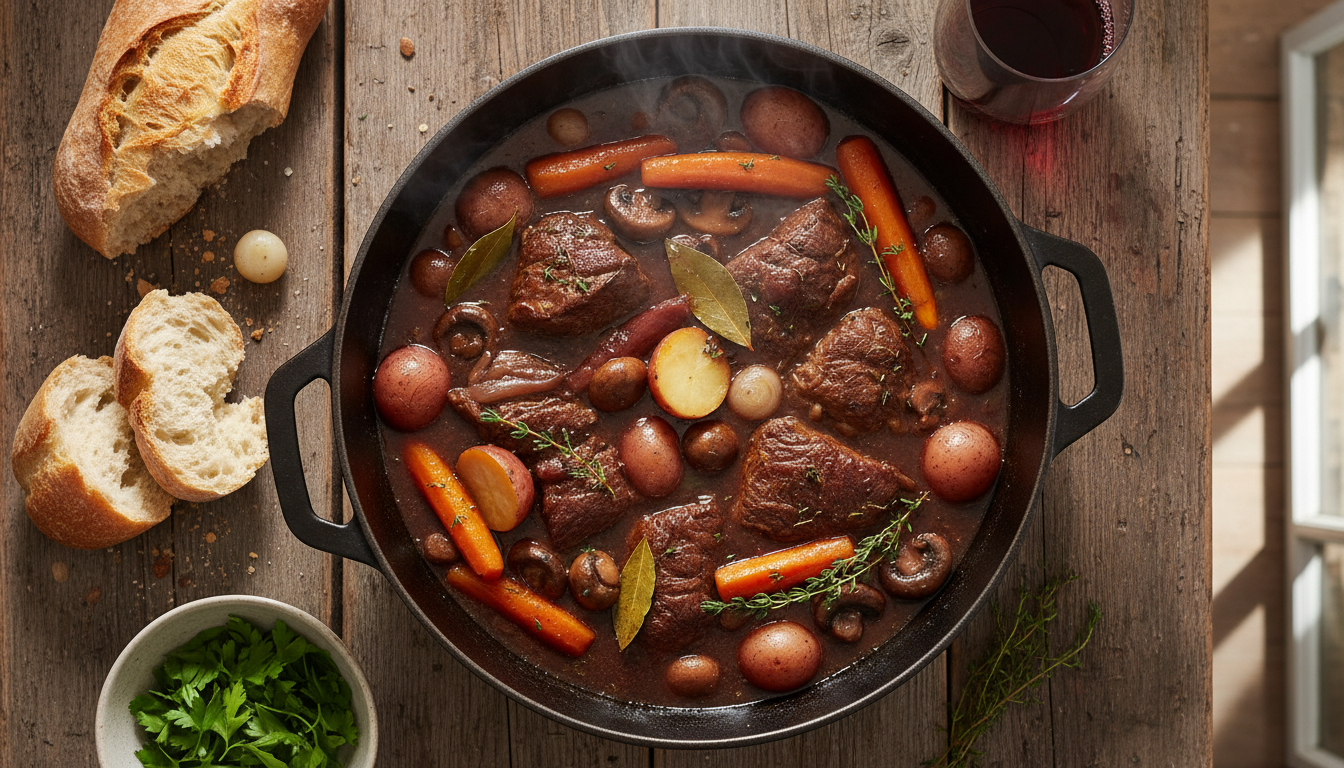 Жаркое по-французски с говядиной и овощами в чугунной кастрюле