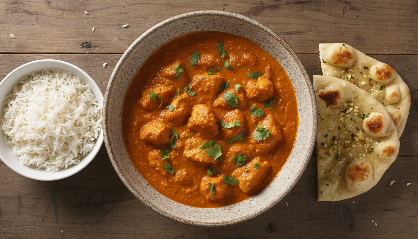 Ароматная курица Тикка Масала на деревянном столе с рисом и нааном