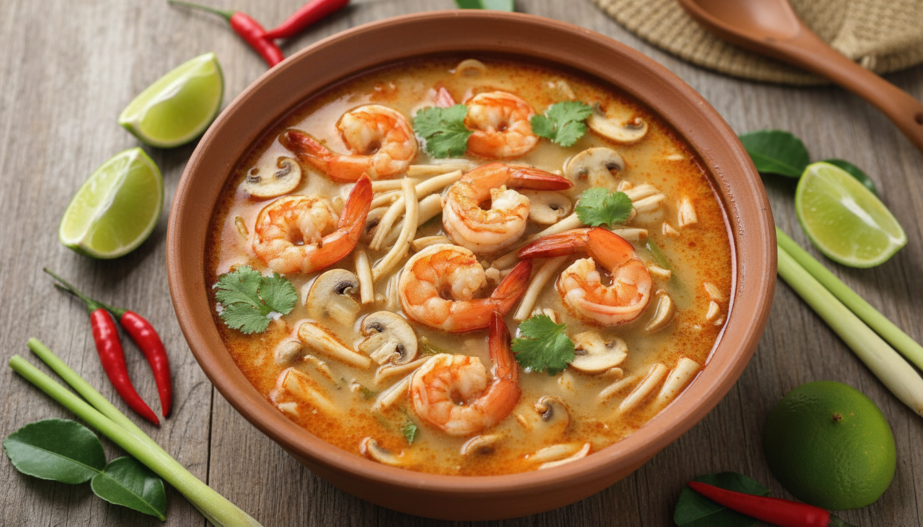 Authentic Tom Yum Kung soup with shrimp, mushrooms, and herbs on a wooden table.